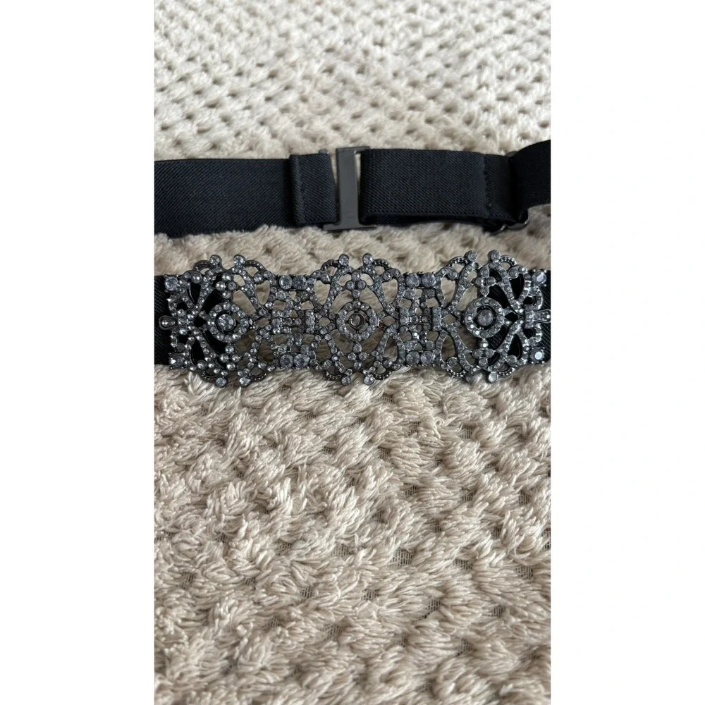 BCBG MAXAZRIA Black Platinum Rhinestone Medallion Elastic Belt | OS